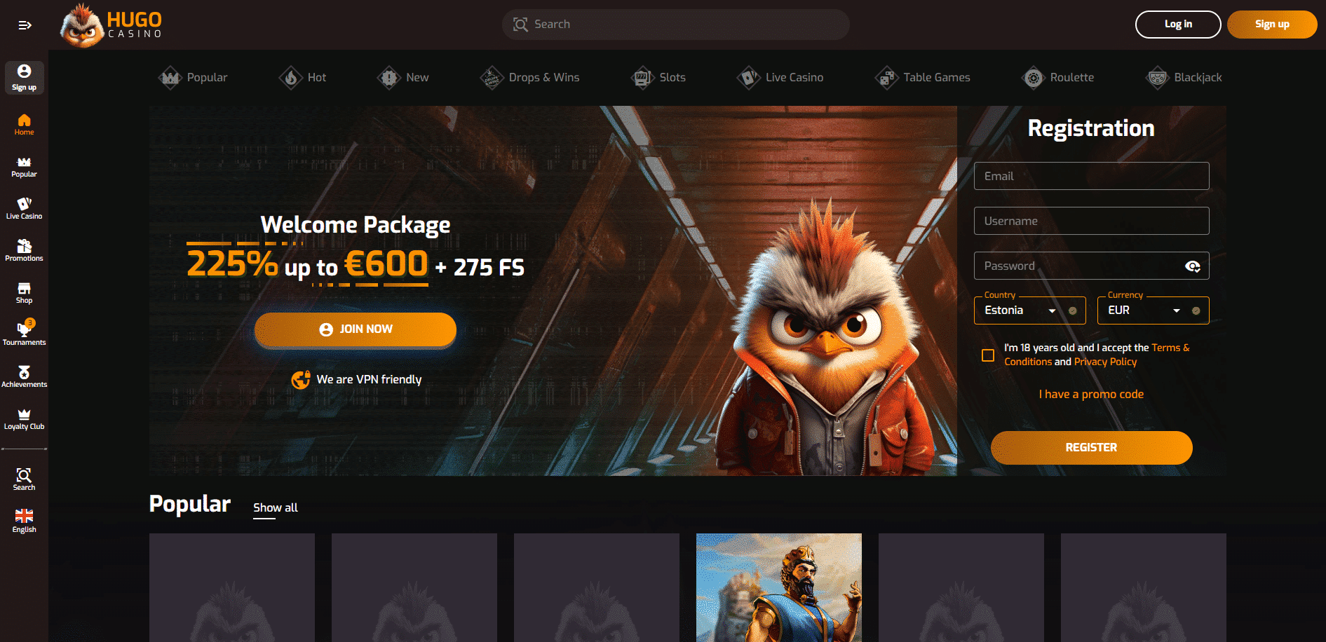 Hugo Casino Домашняя страница